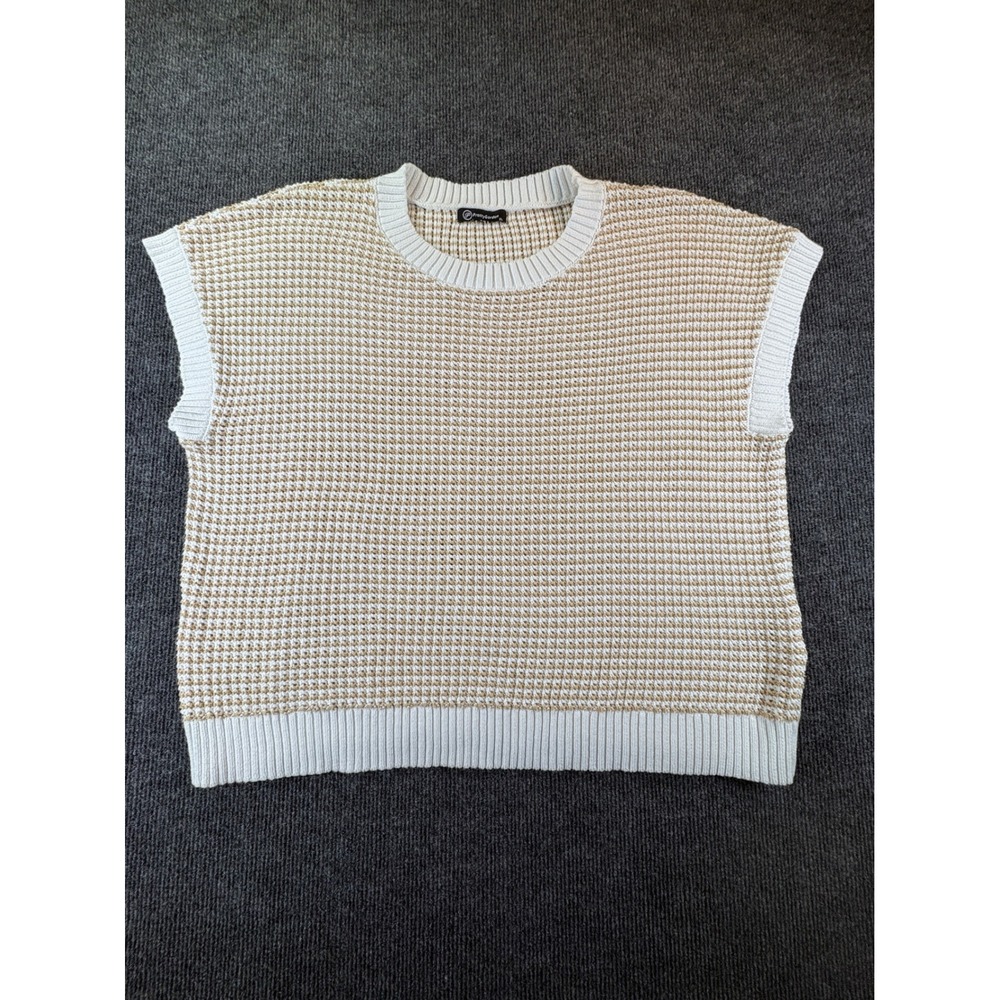 PrettyGarden Womens XL White Tan Cotton‎ Knit Sweater Vest Sleeveless Crew Neck